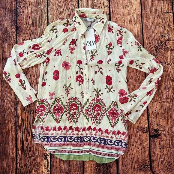 ZARA Women Floral Print Button Down Long Sleeve Shirt Cream Pink Green Size S - Picture 1 of 11